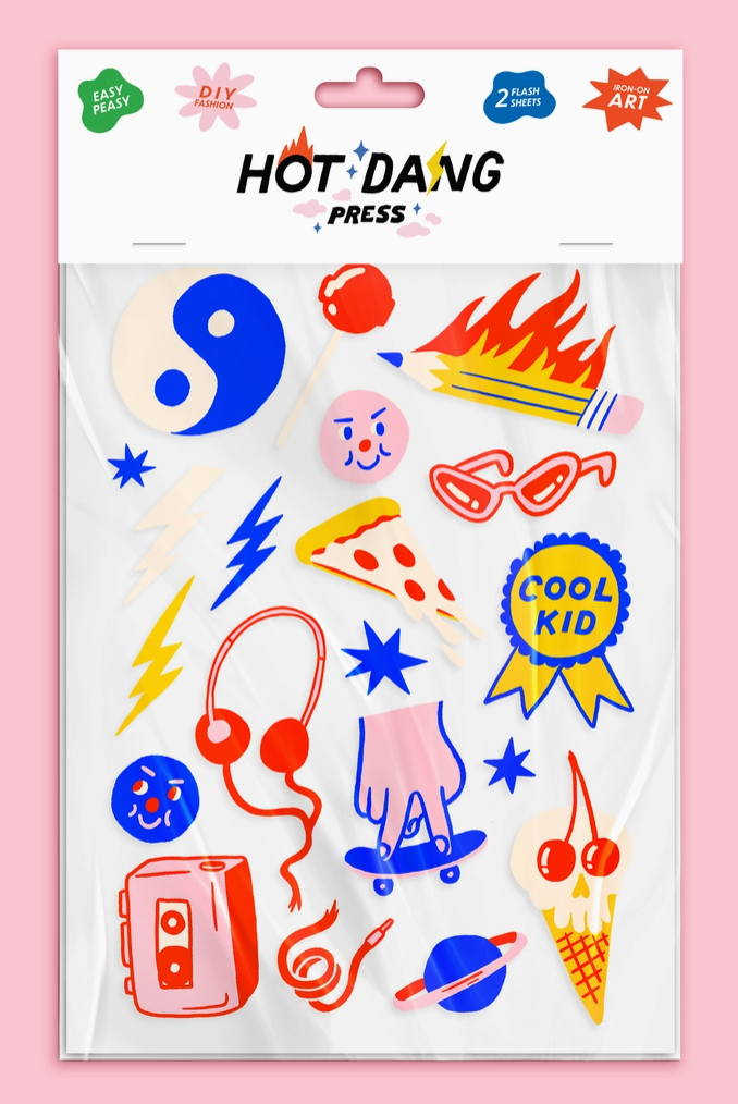 Pack of colorful ion-on decals with various designs on a pink background