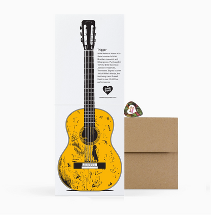 Yellow guitar greeting card with packaging on a white background