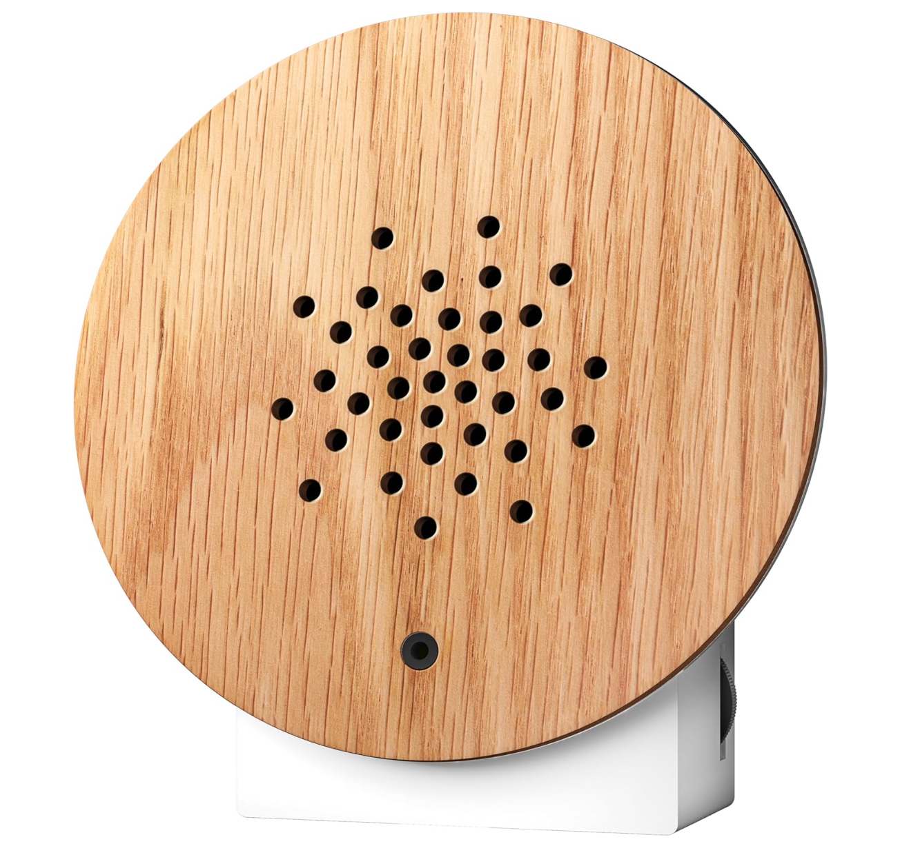 Wooden circular sound box with a white base on a white background