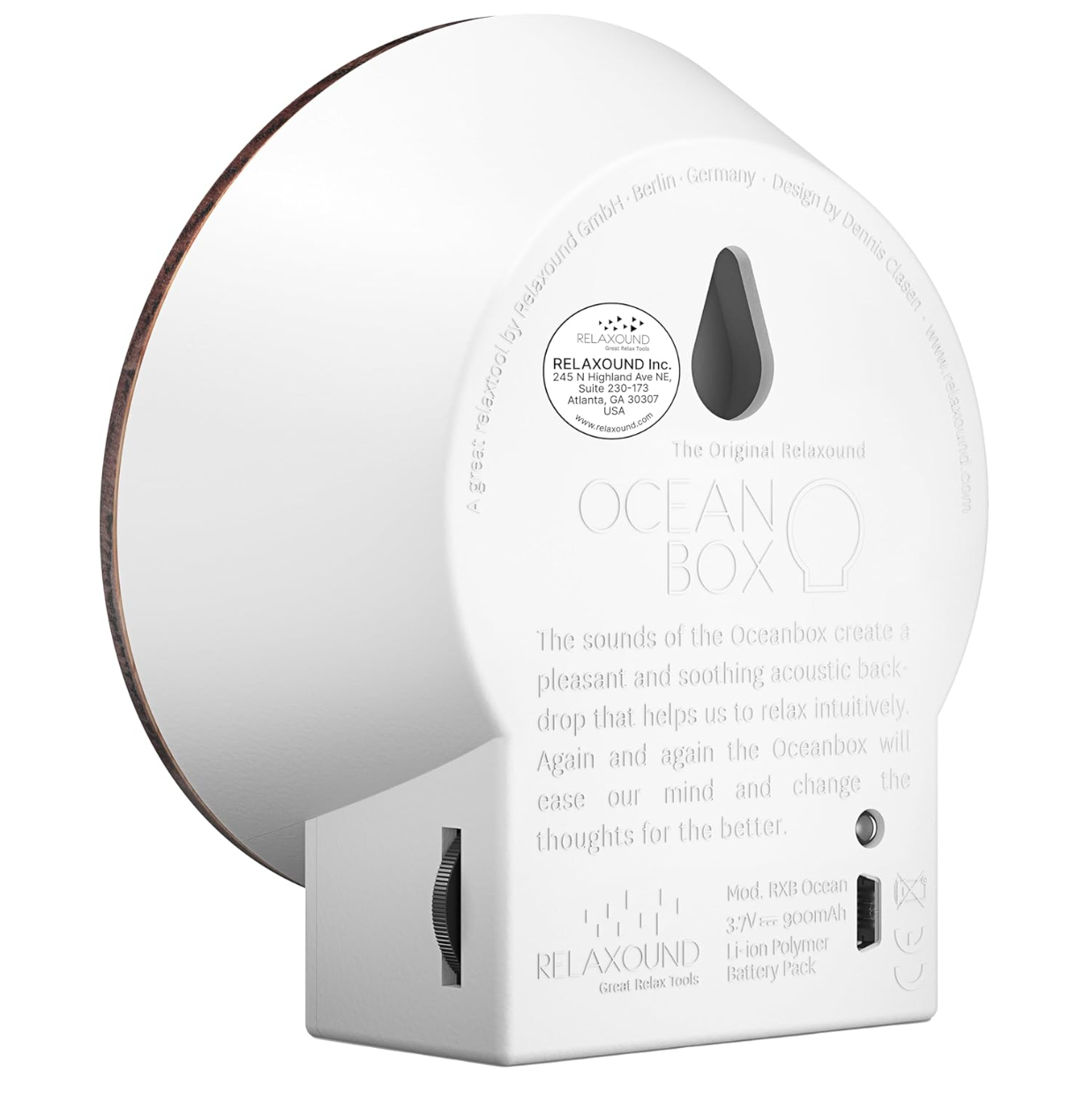 White ocean sound machine with branding on a white background