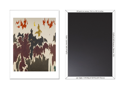 Abstract magnet painting with splashes of red, orange, and brown on a white background, next to a black canvas with a white frame.