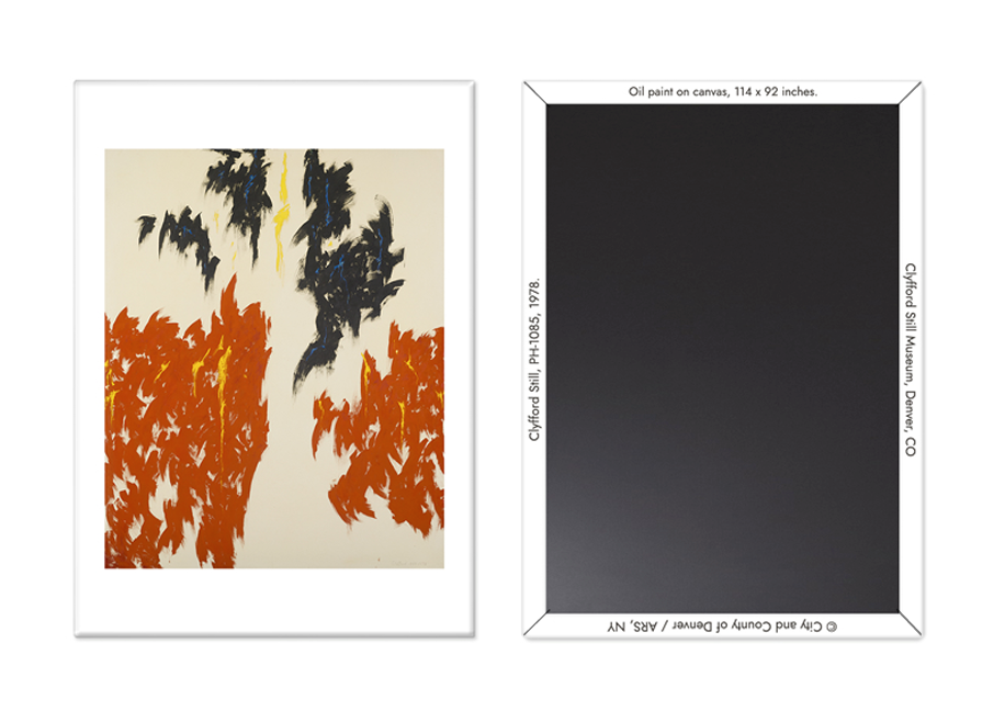 Abstract art magnet piece with black, red, and yellow on a beige background, next to a black canvas with text.