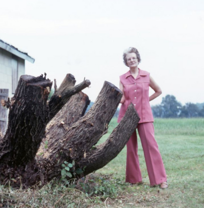 Woman in a pink outfit standing next to a large tree stump outdoors.