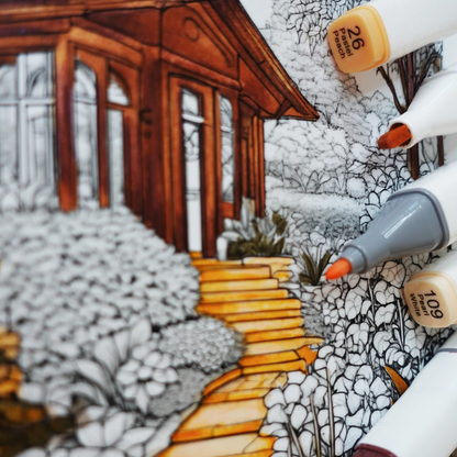 Coloring book page with a wooden cabin illustration and markers.