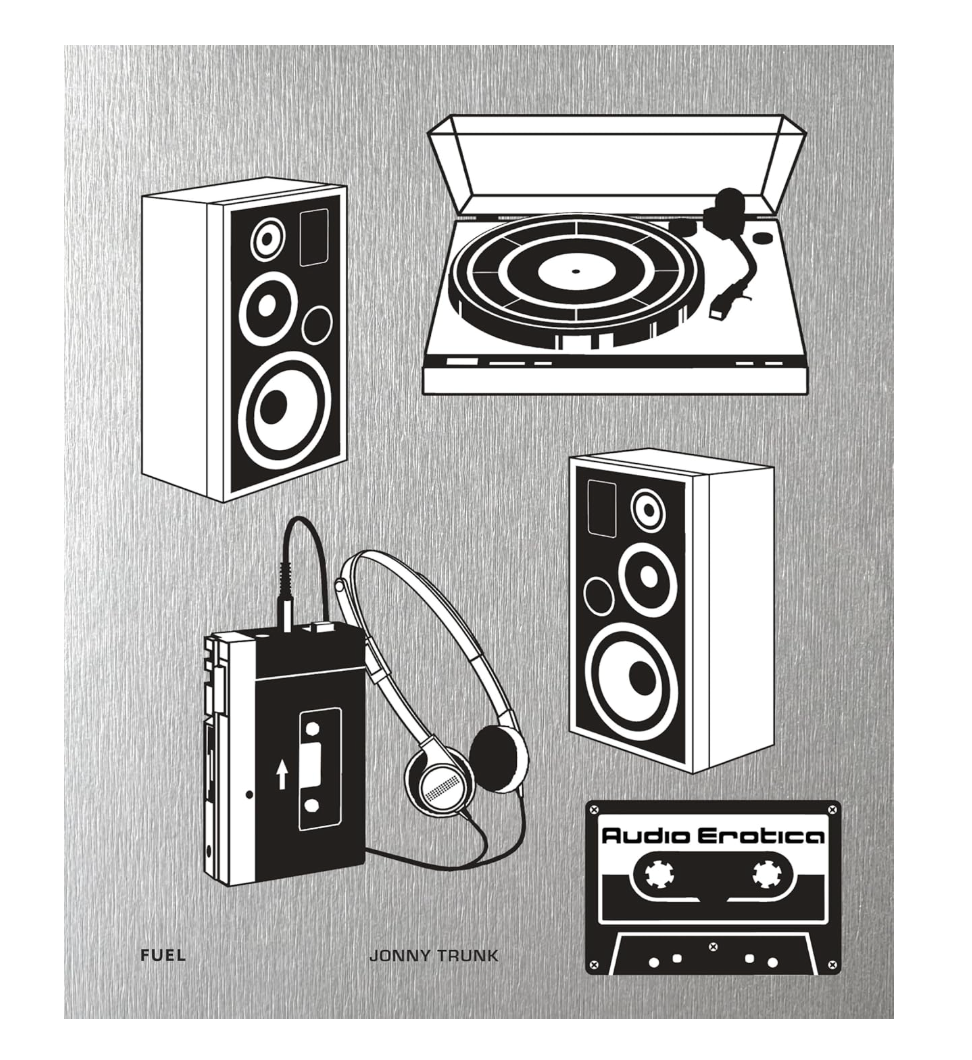 Black and white illustration of audio equipment including speakers, turntable, cassette player, and headphones on a textured gray background.