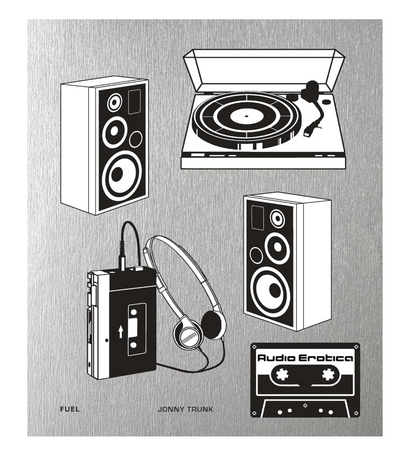 Black and white illustration of audio equipment including speakers, turntable, cassette player, and headphones on a textured gray background.