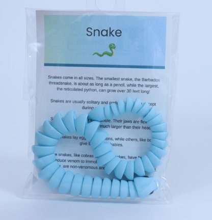 Packaged blue fidget toy snake with educational snake information on a white background