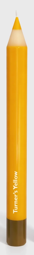 Yellow pencil candle with a brand logo on a white background