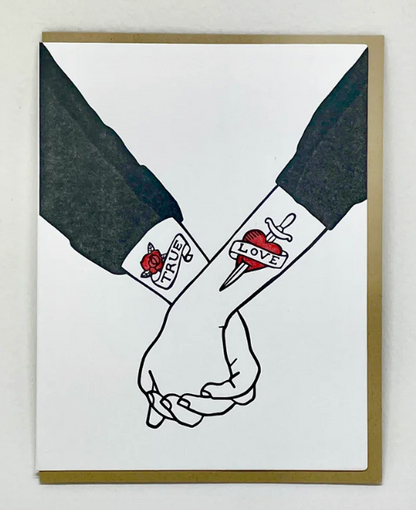 Illustration of two hands holding each other with tattoos on a white background