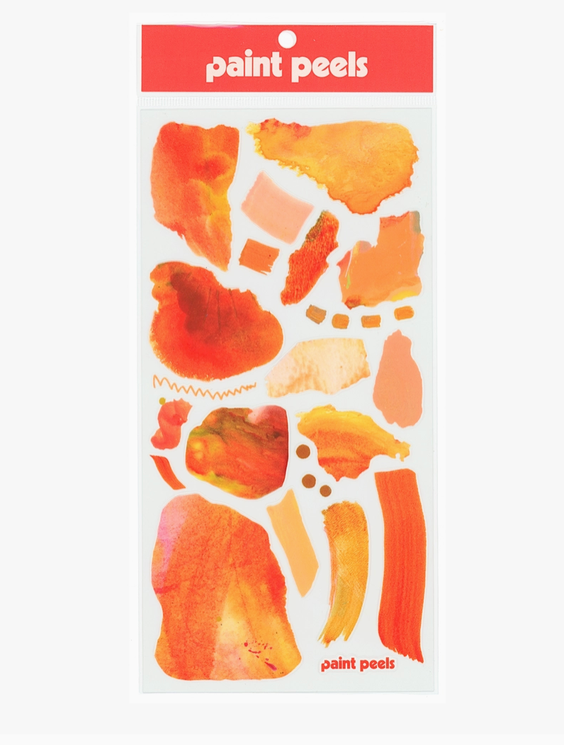 Packaging of 'paint peels' stickers with colorful paint swatch designs on a white background.