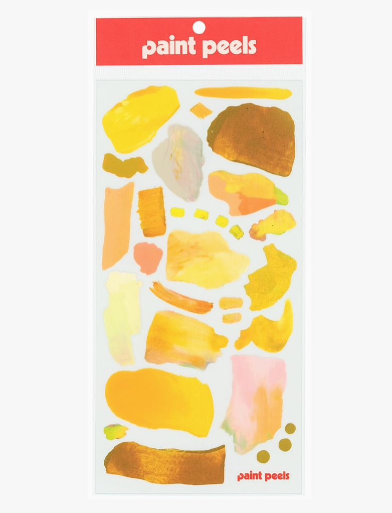 Pack of 'paint peels' stickers with colorful abstract designs on a white background