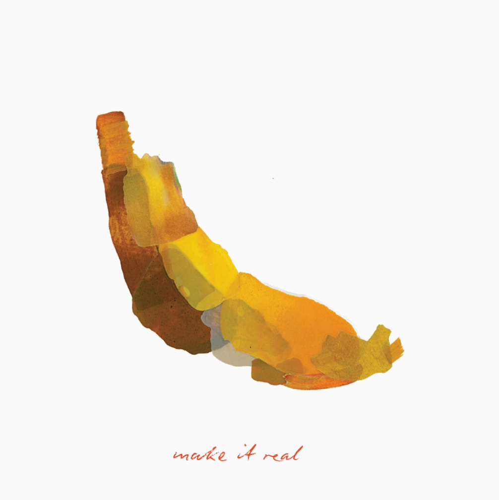 Colorful example of art with shades of orange, yellow, and brown on a white background with 'make it real' text.