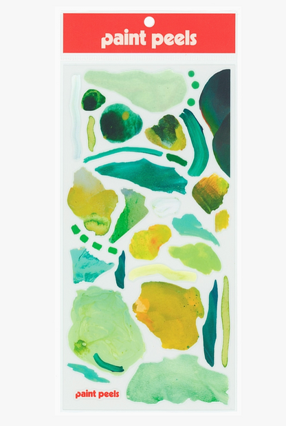 Packaging of 'paint peels' stickers with green and yellow abstract designs on a white background.
