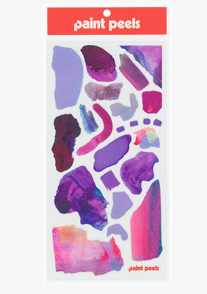 Pack of colorful paint peel stickers with 'paint peels' branding on a white background.
