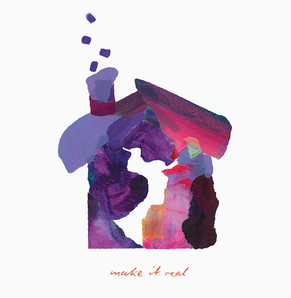 Colorful abstract art piece example with text 'make it real' on a white background