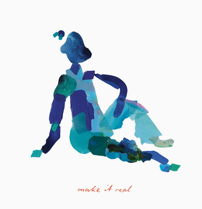 Abstract sculpture of a person in blue and green example on a white background with 'make it real' text.