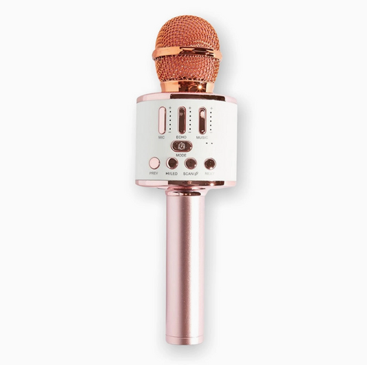 Rose gold and white Bluetooth microphone on a white background