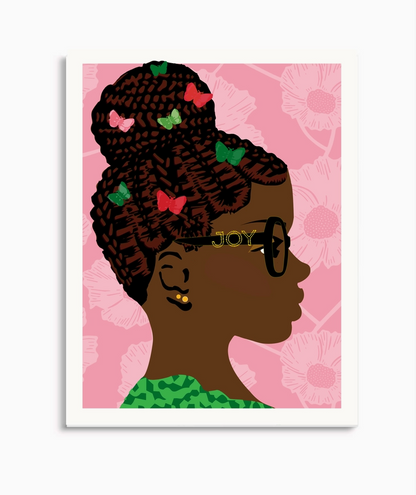 A stylized notecard featuring a profile portrait of a Black woman with braided hair adorned with colorful butterflies, wearing black glasses and a green patterned top, set against a pink floral background. 