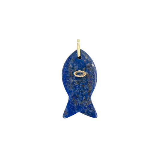 A blue lapis lazuli fish-shaped pendant with a small gold eye detail and a gold hanging loop, shown against a plain white background.