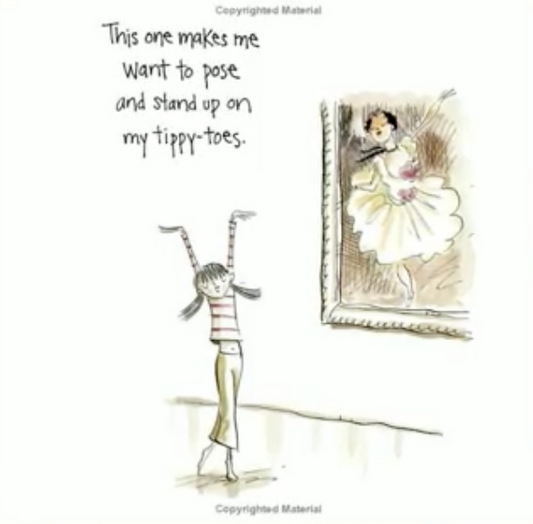 A children's book page with  illustration on a white background with handwritten text reading, 'This one makes me want to pose and stand up on my tippy-toes.' A simple sketch of a girl balancing on her toes stands below, while a larger ballerina figure appears in a mirror-like frame to the right.
