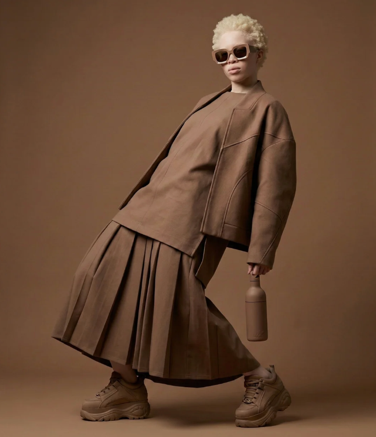 A model with short blonde hair and sunglasses poses in a matching brown oversized jacket, pleated skirt, and chunky sneakers against a solid brown studio background, holding a brown bottle.