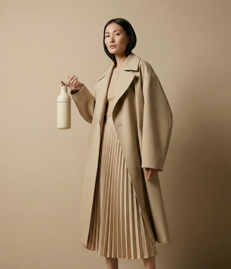 A model stands against a solid beige backdrop wearing a long beige trench coat over a pleated beige dress, holding a matching beige bottle.