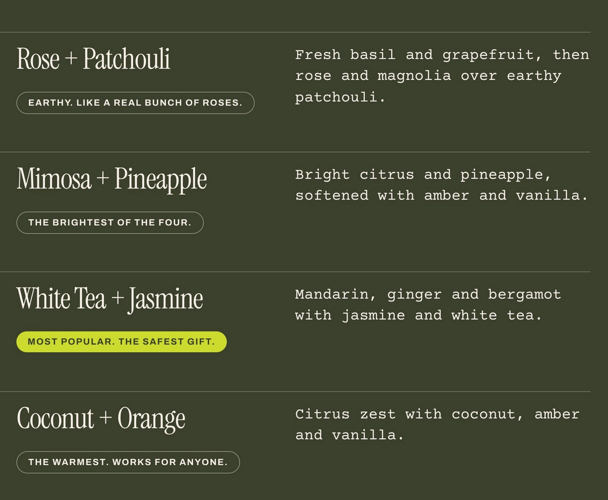 A dark olive green digital graphic displaying four gift scent pairings: Rose + Patchouli, Mimosa + Pineapple, White Tea + Jasmine, and Coconut + Orange. Each pairing is written in white serif text with a descriptive flavor profile on the right.