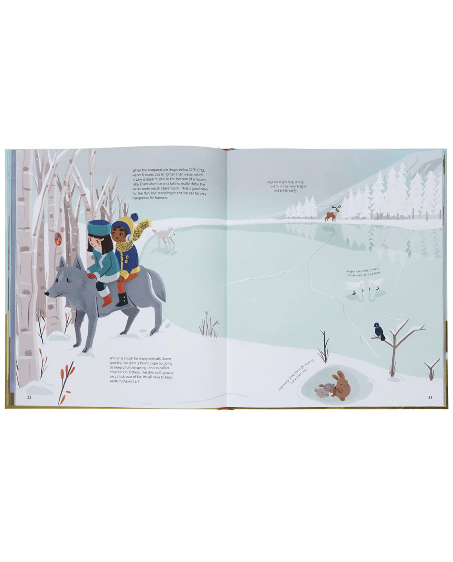 Inside page from ‘Whatever the Weather: Learn about Sun, Wind and Rain’ featuring two kids riding a wolf in a winter scene. 