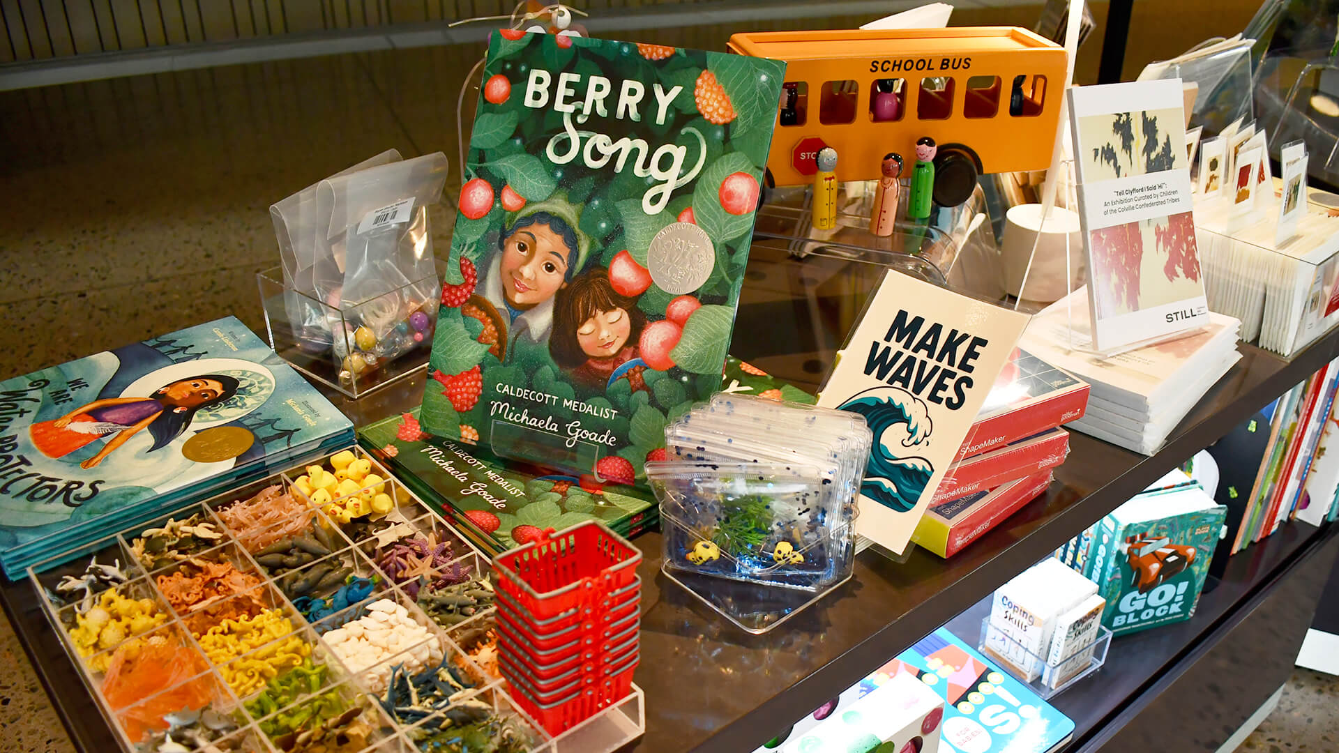 Display of books and toys on a shelf with 'Berry Song' book visible.
