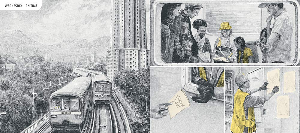 Inside page from 'Zero Local, Next Stop: Kindness' featuring graphite drawings of people on trains 