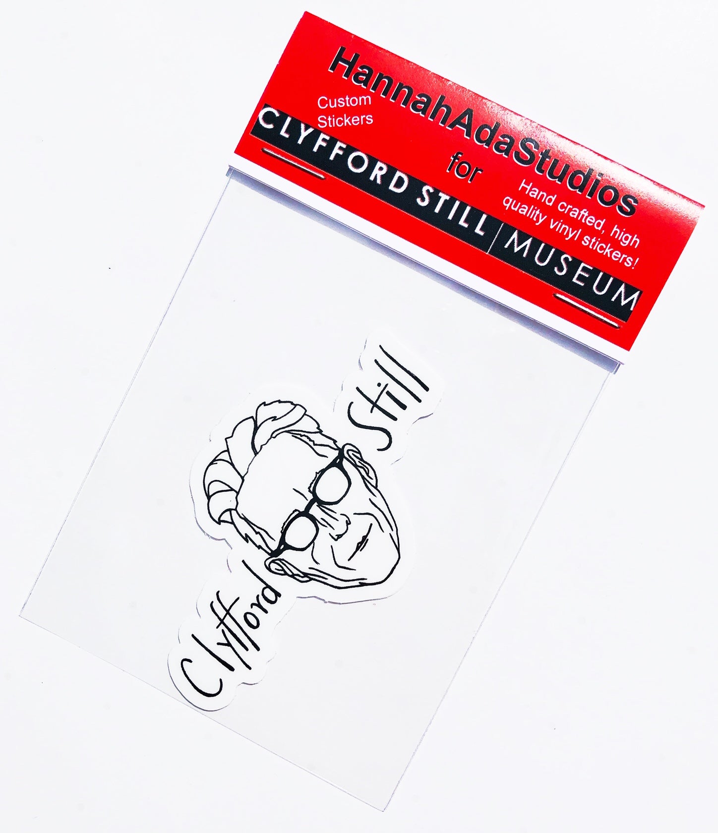 Packaging containing Hand-drawn Clyfford Still portrait sticker
