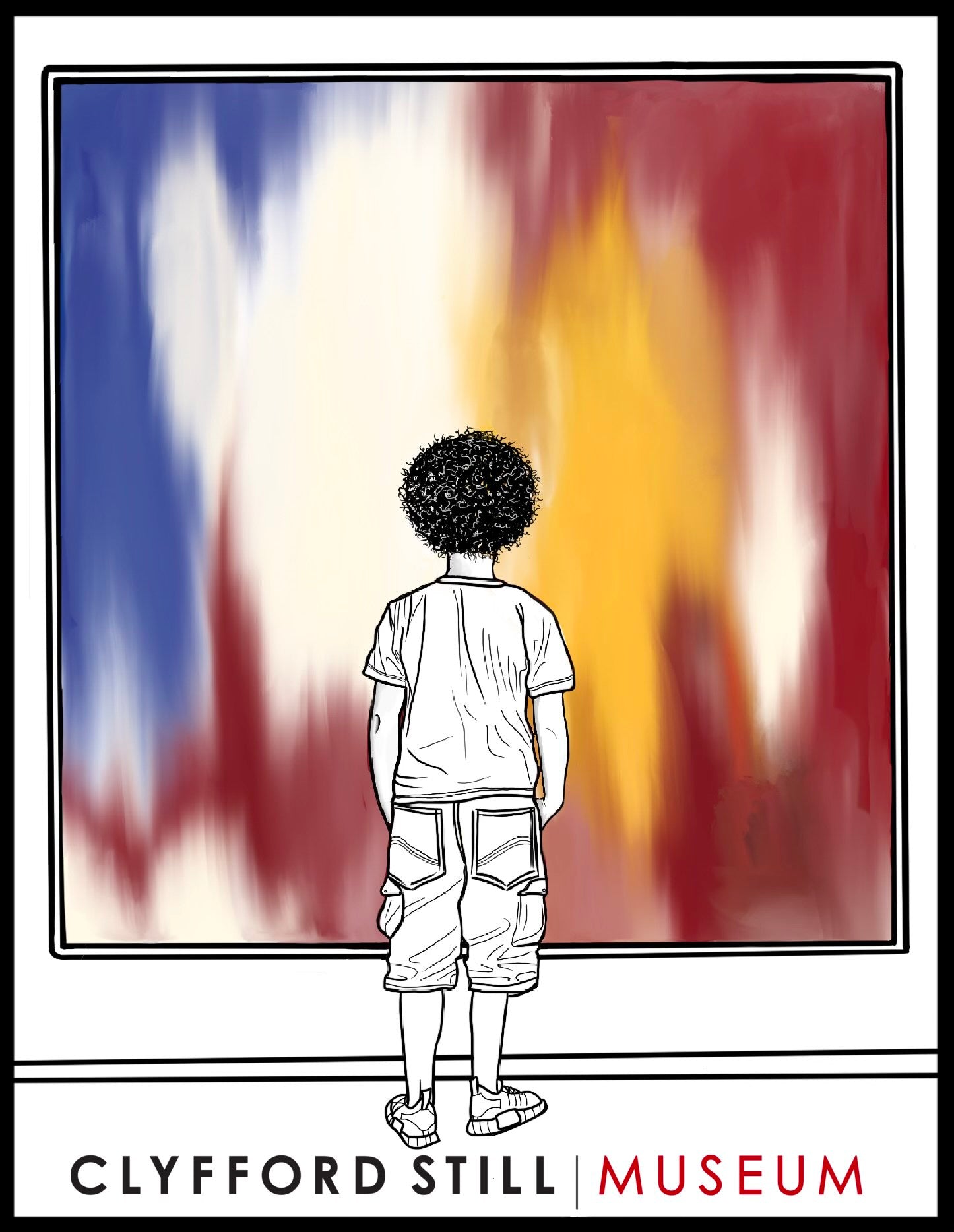 Hand-drawn Sticker of a child standing in front of a colorful Clyfford Still painting