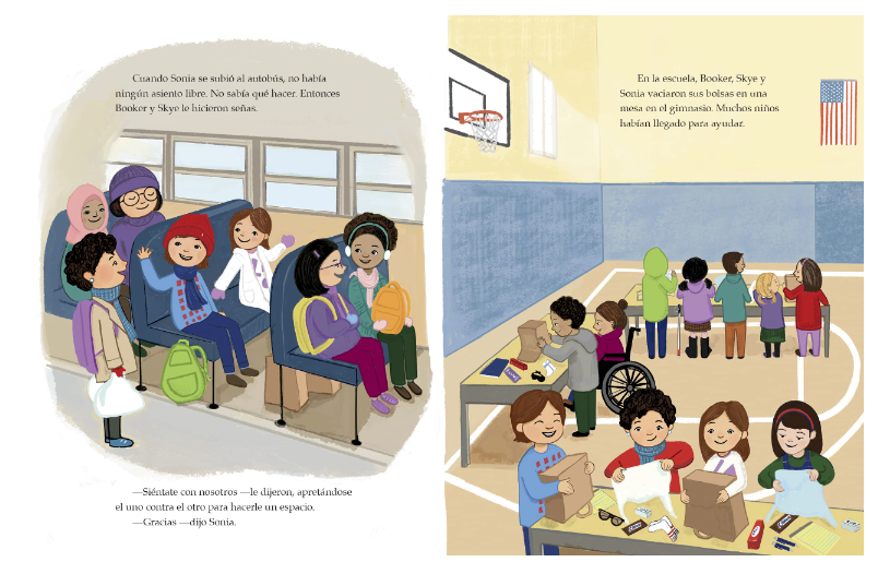 Inside page from ‘¡Solo Ayuda!: Como construir un mundo mejor’ featuring school children in a bus and the gym