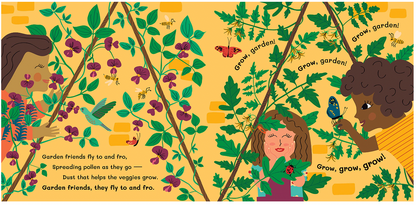 Inside page spread of ‘Rooftop Garden’ featuring a bright garden illustration.