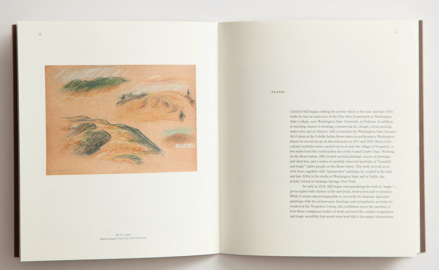 Pages 32 and 33 of ‘Clyfford Still: The Colville Reservation and Beyond, 1934-1939’ featuring pastel on paper PP-711