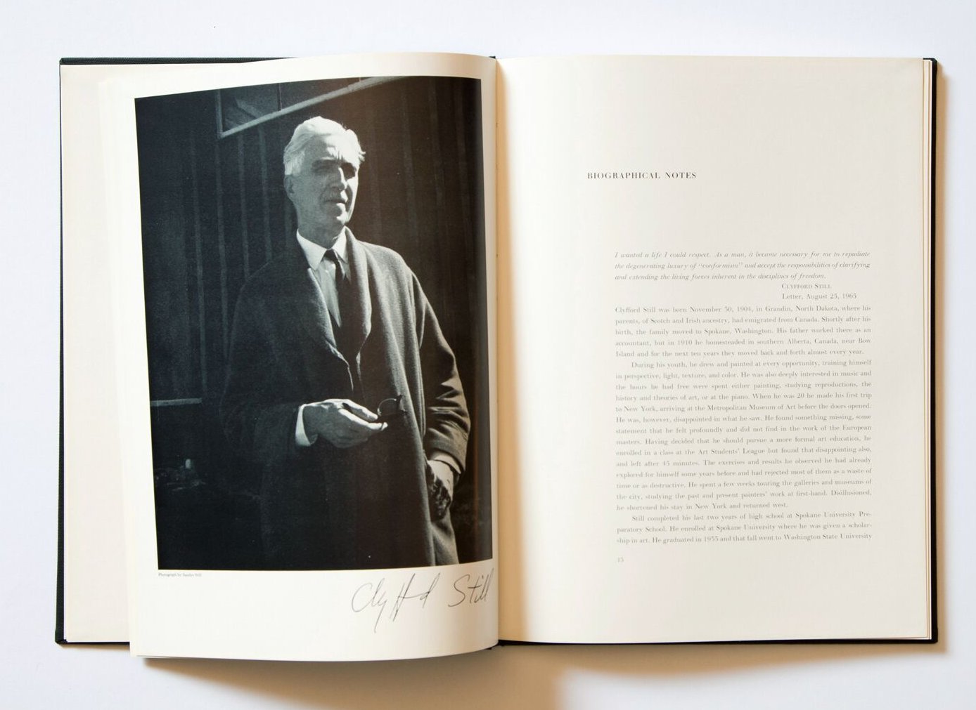 Inside page from ‘Albright-Knox Art Gallery Still Catalog’ featuring Biographical Notes and a photograph of Clyfford Still. 